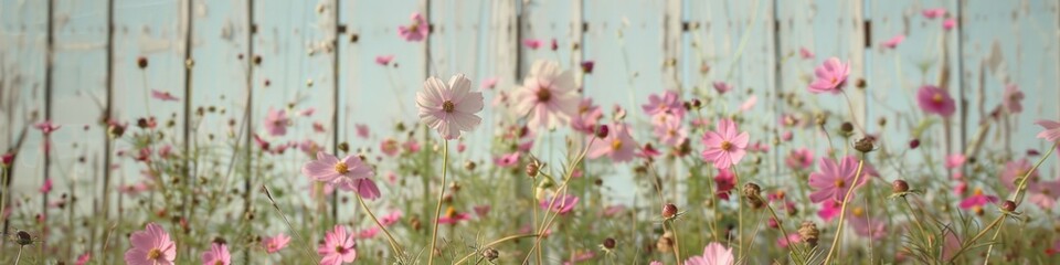 Pink flowers in the garden with white fence background, vintage tone.