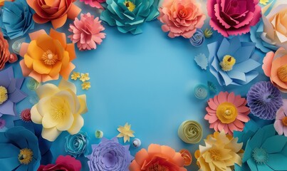 Colorful origami flowers on blue background with space for text. Mother's Day, Woman's Day, Easter, Valentine's Day, Wedding, and Birthday celebration concept. Flat lay, top view, copy space.