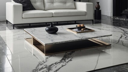 A copy space for product display on a marble coffee table in a modern white living room