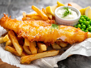 A view of a classic British fish and chips meal, featuring a large piece of golden, crispy battered fish alongside a generous portion of thick-cut fries.