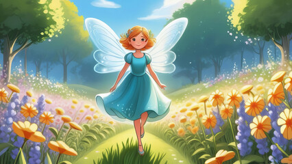 a magical little fairy with wings and a magic wand in a fluffy dress floats in the air above a fragrant flower. against the backdrop of a flower meadow and beautiful sunligh
