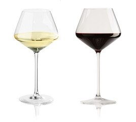 Tasty white and red wines in glasses isolated on white