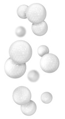 Many golf balls falling on white background