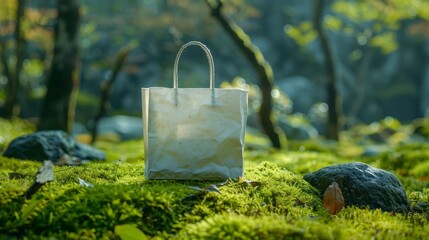 Green tote bag on moss, product close-up, environmental concept, recycling