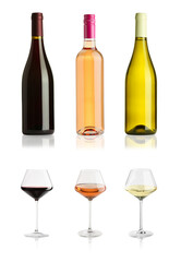Different tasty wines isolated on white, set