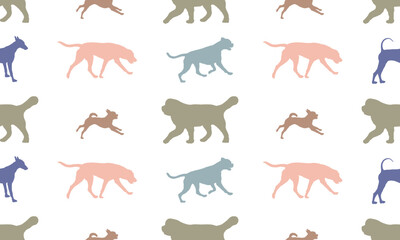 Dog silhouettes different breeds in various poses. Endless texture. Seamless pattern. Design for fabric, decor, wallpaper, wrapping paper, printing. Vector illustration.