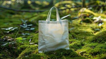 Green tote bag on moss, product close-up, environmental concept, recycling