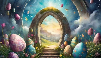 Fotobehang Easter eggs floating in a magical portal with an animated bunny coming out of it, with references to Easter © Tosquia