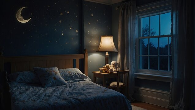 Baby's nighttime bedroom as moonlight streams through the windows, casting gentle shadows across the front of the room, creating a serene and comforting atmosphere