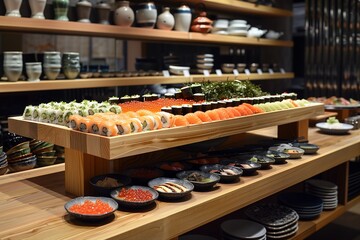 A bamboo podium featuring neatly arranged sushi ingredients and Japanese ceramics.