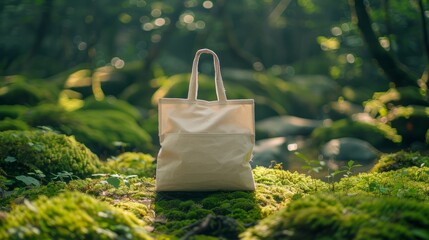 Green tote bag on moss, product close-up, environmental concept, recycling