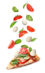 Caprese pizza and ingredients in air on white background