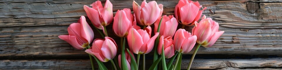 Fototapeta premium Bouquet of pink tulips on old wooden background, panoramic banner