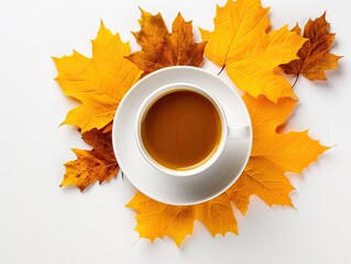 Autumn Coffee Cup Mockup, Coffee Mug on Yellow Autumn Tree Leaves, Hot Drink in Golden Foliage