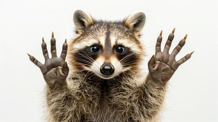Obraz premium A whimsical happy raccoon laughing, full body on a white background. Close up of a raccoon facing a white background. Generated by artificial intelligence.