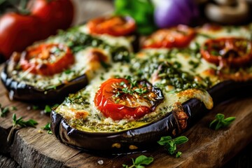 Baked Eggplants with Cheese, Tomatoes and Green Sauce, Italian Parmigiana with Grilled Aubergine - obrazy, fototapety, plakaty