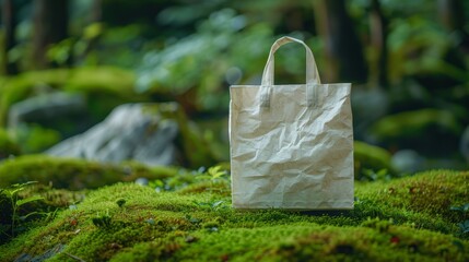 Green tote bag on moss, product close-up, environmental concept, recycling