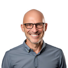 Cheerful Bald Teacher Man Sporting Glasses in Half-Body Portrait, Isolated on Transparent Background, PNG