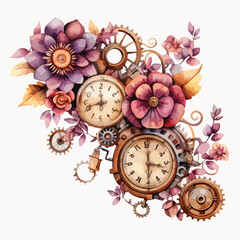 Watercolor Steampunk Flowers Clipart 