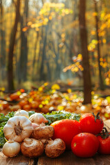 Fresh autumn vegetables on golden forest background
