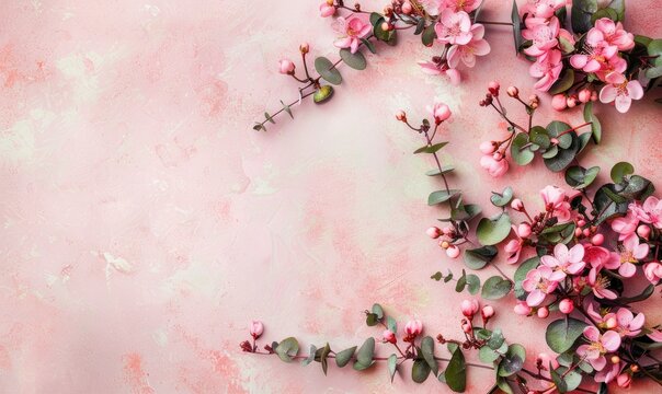 Pink flowers and eucalyptus branches on a pink background. Flat lay, top view, copy space.