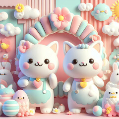 Naklejka premium adorable and cute 3D animation kitten wallpaper design illustration and background for kids
