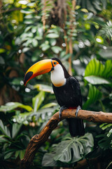 Obraz premium Toucan sitting on the branch in the forest, green vegetation