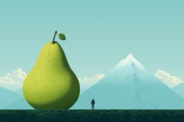 a person standing next to a large pear