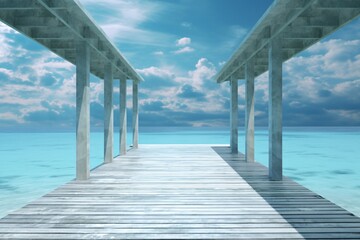 a dock with pillars and a body of water