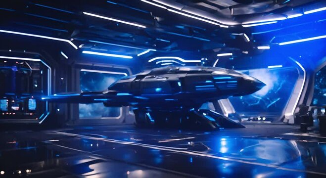 spaceship in dark interior and blue light