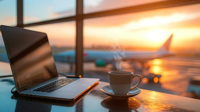 a cup of coffee while waiting at the airport, seamless looping 4k animation video background 