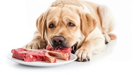 The young Labrador dog is eating raw t-bone steak on white background. Generated by artificial intelligence.