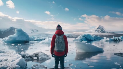 Explorer overlooking blue icebergs in a glacial lagoon, invoking themes of climate change and adventure.