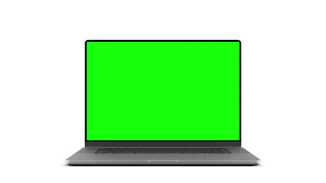 Laptop with a frameless screen - smooth camera transition from the computer. The video includes a green screen, a luma matte mask, and a screen tracking layer. 60fps 4K UHD video.