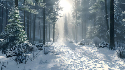 A snowy forest landscape transformed into a winter wonderland, with snow-covered trees and a pristine white blanket covering the ground - Powered by Adobe