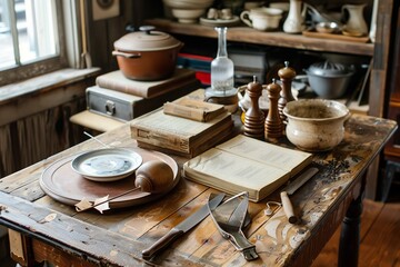 An antique wooden table adorned with vintage cookbooks and heirloom kitchen tools.