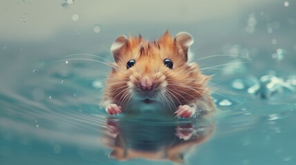 A photograph of an adorable hamster floating in the water.  Cute, happy, sunny day, clear blue sky, crystalclear turquoise waters, shimmering light reflections on ripples. Generated by artificial inte