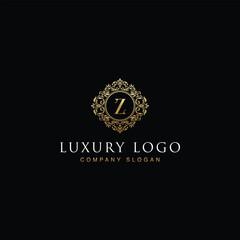 Luxurious elegant victorian floral filigree frame badge pattern with Initial letters Z inside  circle badge emblem logo design vector in gold colors
