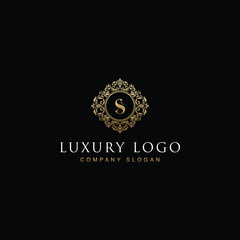 Luxurious elegant victorian floral filigree frame badge pattern with Initial letters S inside  circle badge emblem logo design vector in gold colors