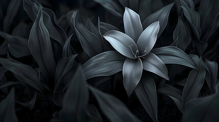 A solitary monochrome flower emerging from a bed of dark foliage, its graceful form standing in stark contrast