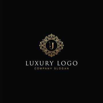 Luxurious elegant victorian floral filigree frame badge pattern with Initial letters U inside  circle badge emblem logo design vector in gold colors