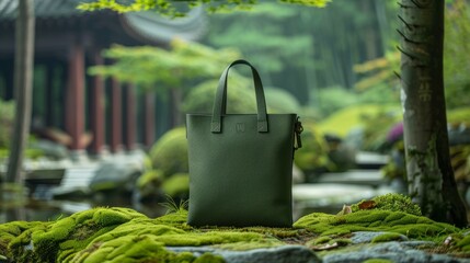 Green tote on moss, local close-up, product shooting, realistic photography,