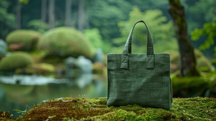 Green tote on moss, local close-up, product shooting, realistic photography,