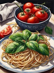Bowl of spaghetti with tomatoes and basil leaves on a dark background