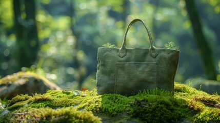Green tote on moss, local close-up, product shooting, realistic photography,