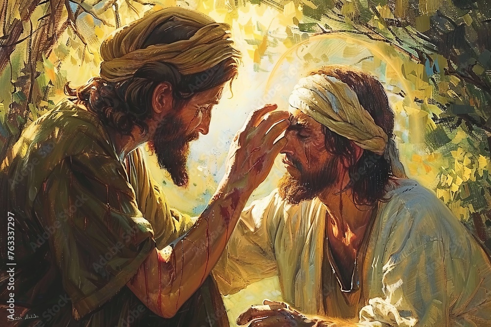 Wall mural a heartwarming scene of jesus christ healing a blind man, demonstrating compassion and miraculous po