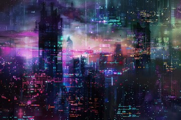 A digital artwork depicting a futuristic cityscape with metallic structures and neon lights, set against a textured, starry night sky. - obrazy, fototapety, plakaty