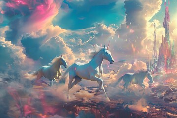 A fantasy scene featuring mythical horses galloping across a landscape of surreal, colorful clouds and metallic structures. - obrazy, fototapety, plakaty