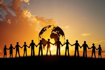 A group of anonymous silhouetted people holding hands around the globe, representing global unity and peace.