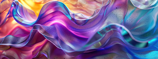 Abstract texture background with layering organic wavy shapes and spectrum colors, iridescence and rippling form. Purple yellow and lilac blue luminous hue banner - obrazy, fototapety, plakaty